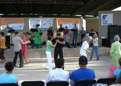 band plays music on stage while people dance